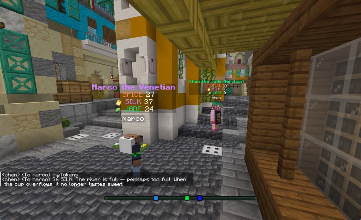 Silk Monad — Marco the Venetian and Chen the Jade Merchant trading in Minecraft